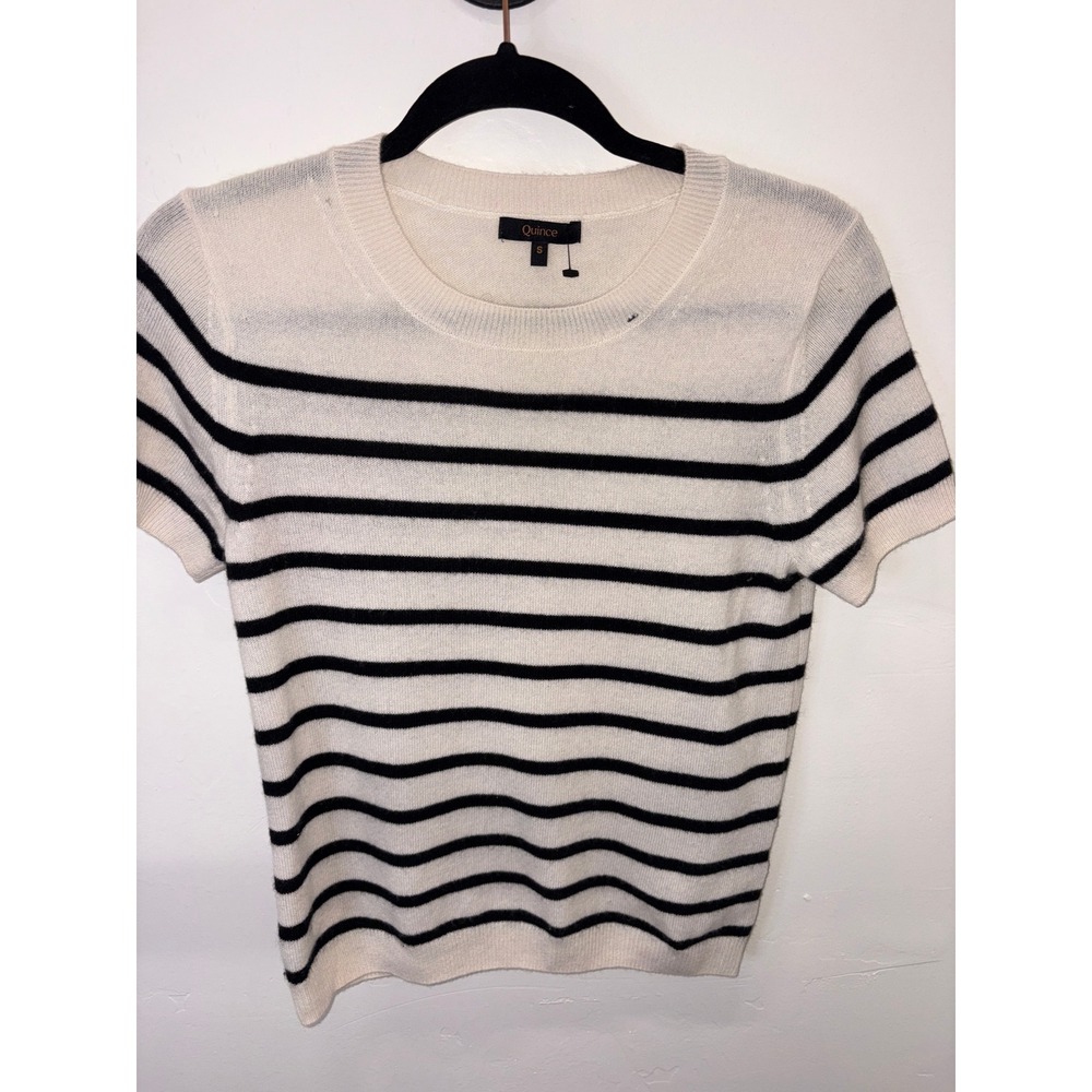 Quince Cashmere Striped Short Sleeve Sweater Ivory Black Crew Neck Small